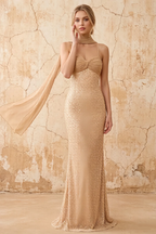 Lily Champagne Chiffon Pearl Maxi Dress With Detachable Halter Neck Sash