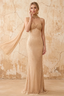 Lily Champagne Chiffon Pearl Maxi Dress With Detachable Halter Neck Sash