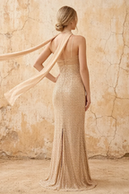 Lily Champagne Chiffon Pearl Maxi Dress With Detachable Halter Neck Sash