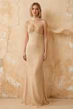 Lily Champagne Chiffon Pearl Maxi Dress With Detachable Halter Neck Sash
