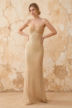Lily Champagne Chiffon Pearl Maxi Dress With Detachable Halter Neck Sash