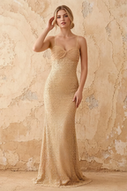 Lily Champagne Chiffon Pearl Maxi Dress With Detachable Halter Neck Sash