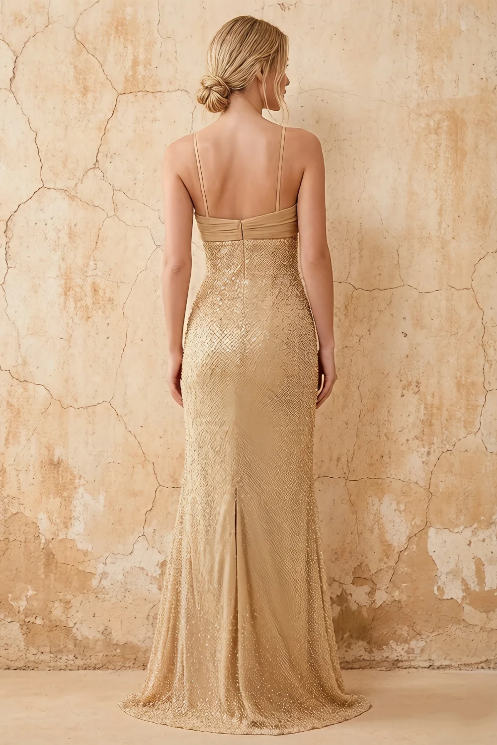 Lily Champagne Chiffon Pearl Maxi Dress With Detachable Halter Neck Sash