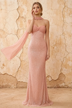 Lily Peach Pink Chiffon Pearl Maxi Dress With Detachable Halter Neck Sash