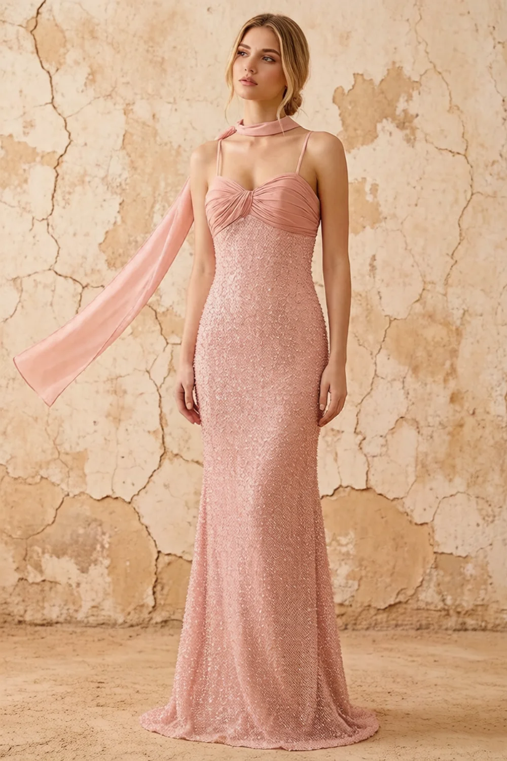 Lily Peach Pink Chiffon Pearl Maxi Dress With Detachable Halter Neck Sash