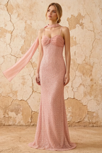 Lily Peach Pink Chiffon Pearl Maxi Dress With Detachable Halter Neck Sash