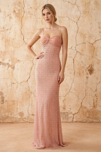 Lily Peach Pink Chiffon Pearl Maxi Dress With Detachable Halter Neck Sash