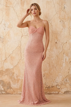 Lily Peach Pink Chiffon Pearl Maxi Dress With Detachable Halter Neck Sash