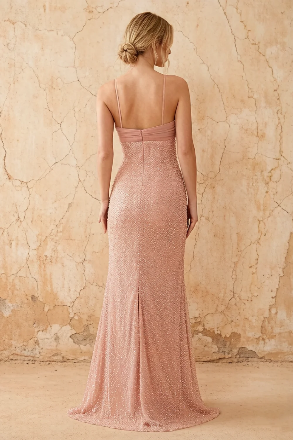 Lily Peach Pink Chiffon Pearl Maxi Dress With Detachable Halter Neck Sash