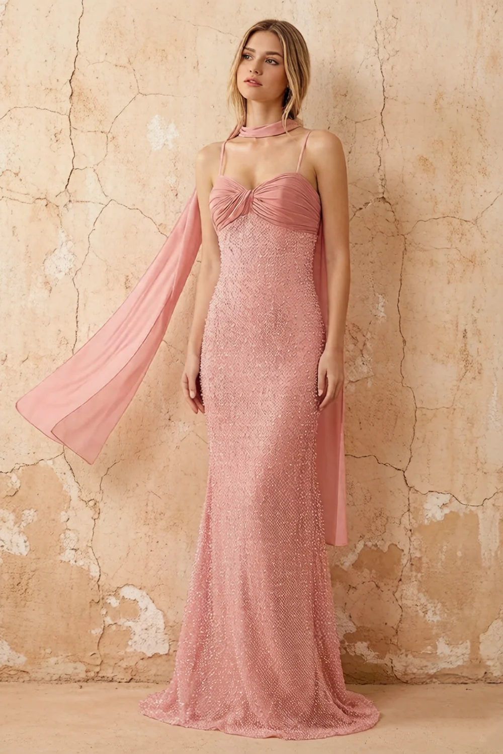 Lily Rose Pink Chiffon Pearl Maxi Dress With Detachable Halter Neck Sash