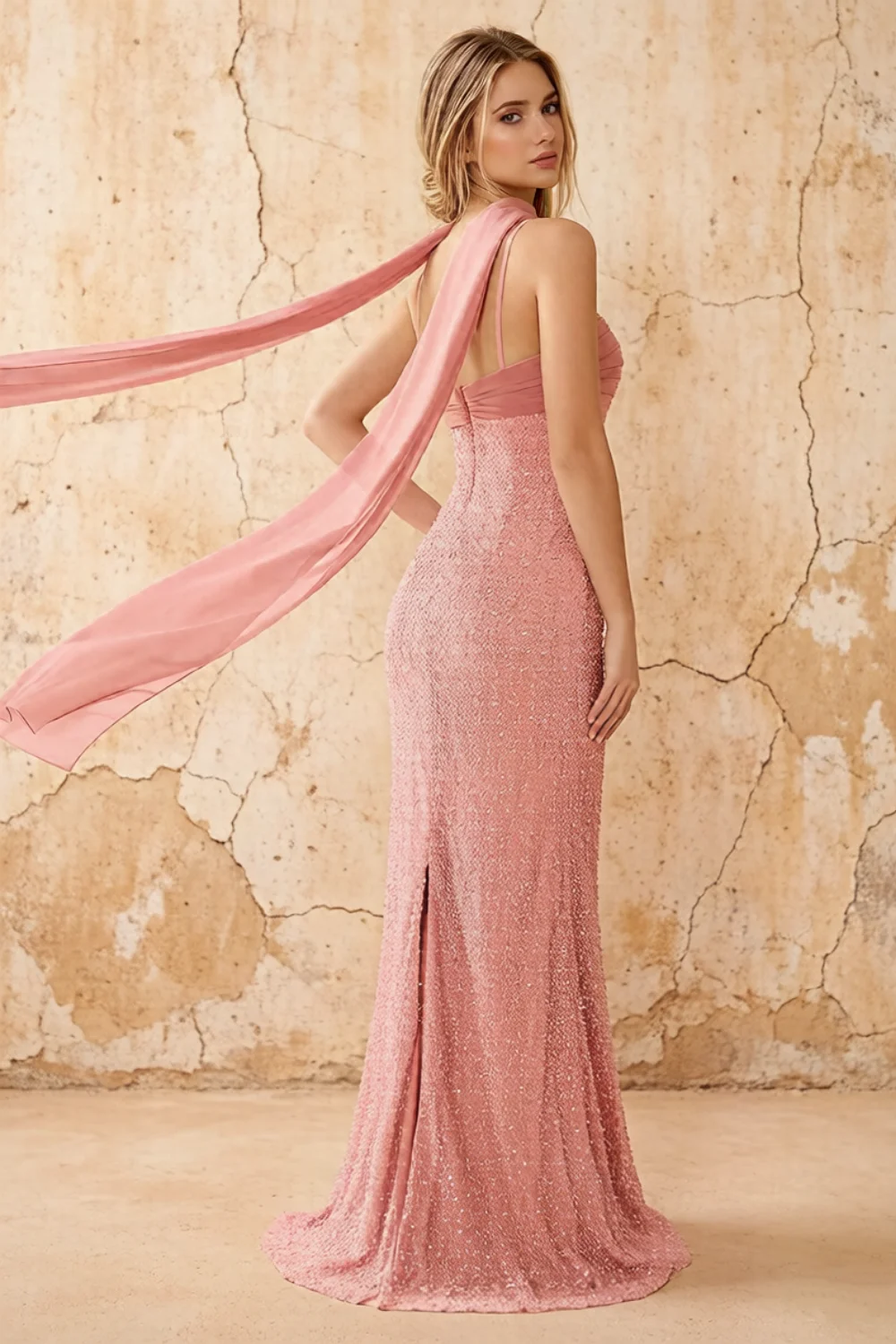 Lily Rose Pink Chiffon Pearl Maxi Dress With Detachable Halter Neck Sash