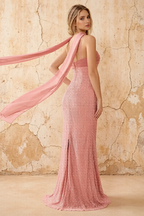 Lily Rose Pink Chiffon Pearl Maxi Dress With Detachable Halter Neck Sash