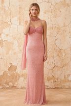 Lily Rose Pink Chiffon Pearl Maxi Dress With Detachable Halter Neck Sash