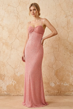 Lily Rose Pink Chiffon Pearl Maxi Dress With Detachable Halter Neck Sash