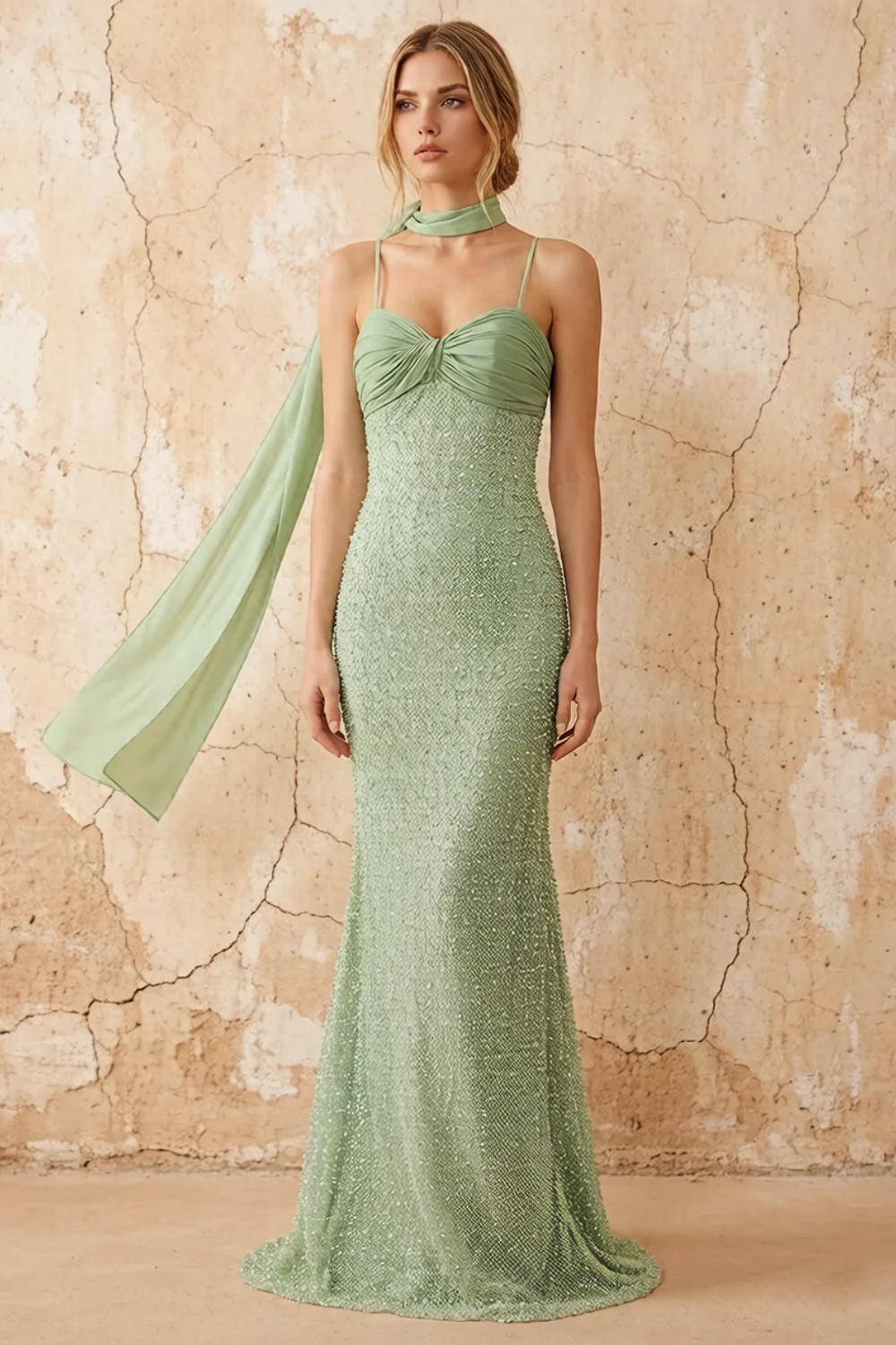 Lily Sage Green Chiffon Pearl Maxi Dress With Detachable Halter Neck Sash