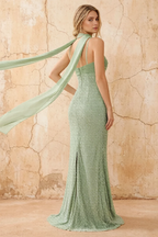 Lily Sage Green Chiffon Pearl Maxi Dress With Detachable Halter Neck Sash