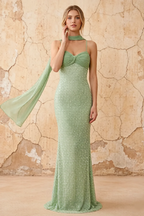 Lily Sage Green Chiffon Pearl Maxi Dress With Detachable Halter Neck Sash