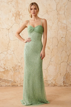 Lily Sage Green Chiffon Pearl Maxi Dress With Detachable Halter Neck Sash