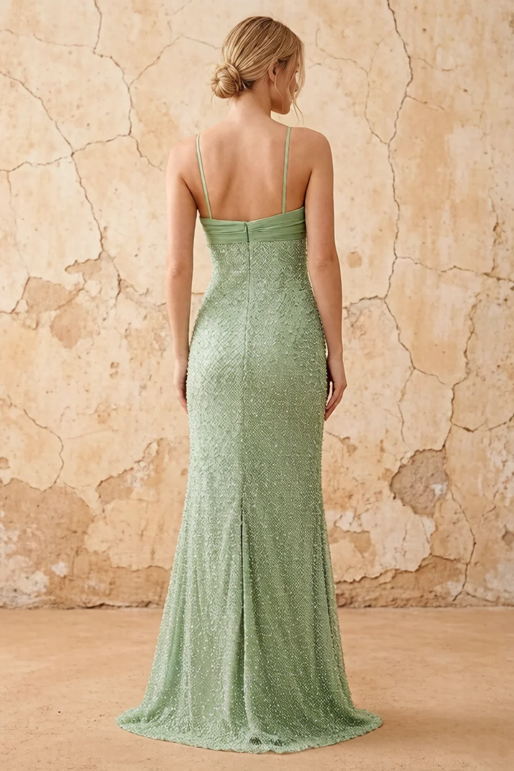 Lily Sage Green Chiffon Pearl Maxi Dress With Detachable Halter Neck Sash