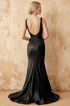 Linda Black Satin V-neck Mermaid Hot Rhinestones Maxi Dress