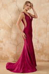 Linda Burgundy Satin V-neck Mermaid Hot Rhinestones Maxi Dress