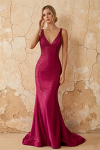 Linda Burgundy Satin V-neck Mermaid Hot Rhinestones Maxi Dress