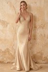 Linda Champagne Satin V-neck Mermaid Hot Rhinestones Maxi Dress