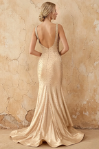 Linda Champagne Satin V-neck Mermaid Hot Rhinestones Maxi Dress