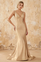 Linda Champagne Satin V-neck Mermaid Hot Rhinestones Maxi Dress