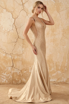 Linda Champagne Satin V-neck Mermaid Hot Rhinestones Maxi Dress