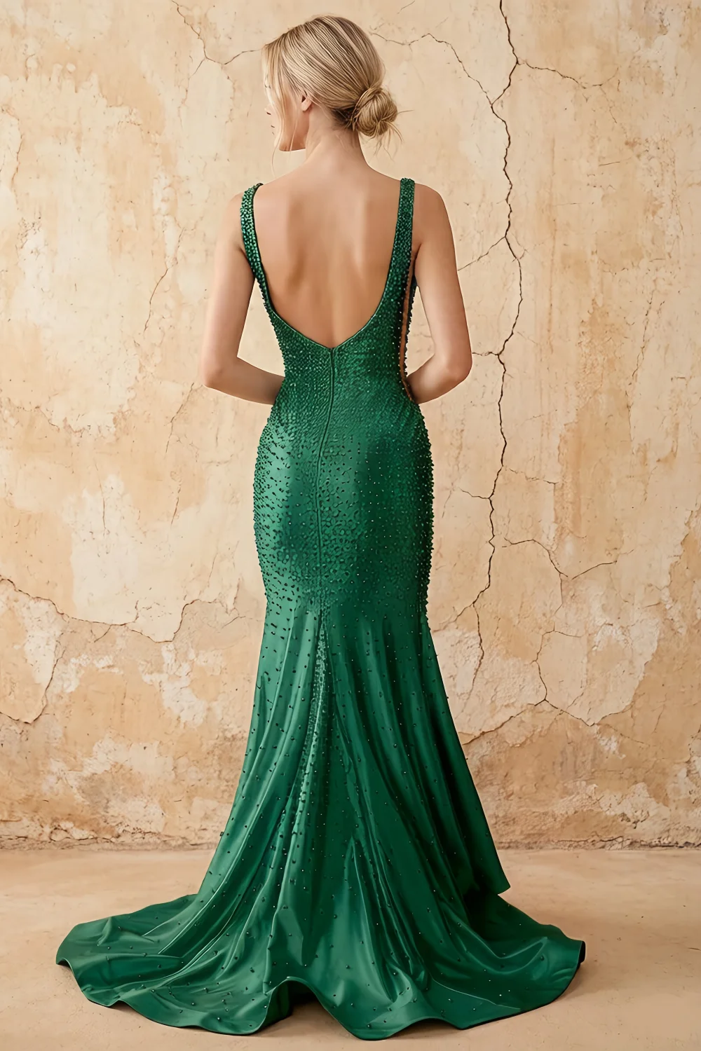 Linda Dark Green Satin V-neck Mermaid Hot Rhinestones Maxi Dress Main image