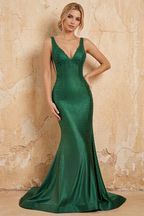 Linda Dark Green Satin V-neck Mermaid Hot Rhinestones Maxi Dress