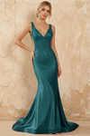 Linda Peacock Satin V-neck Mermaid Hot Rhinestones Maxi Dress