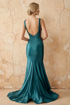 Linda Peacock Satin V-neck Mermaid Hot Rhinestones Maxi Dress
