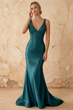 Linda Peacock Satin V-neck Mermaid Hot Rhinestones Maxi Dress