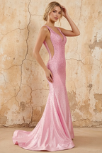 Linda Pink Satin V-neck Mermaid Hot Rhinestones Maxi Dress