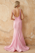 Linda Pink Satin V-neck Mermaid Hot Rhinestones Maxi Dress