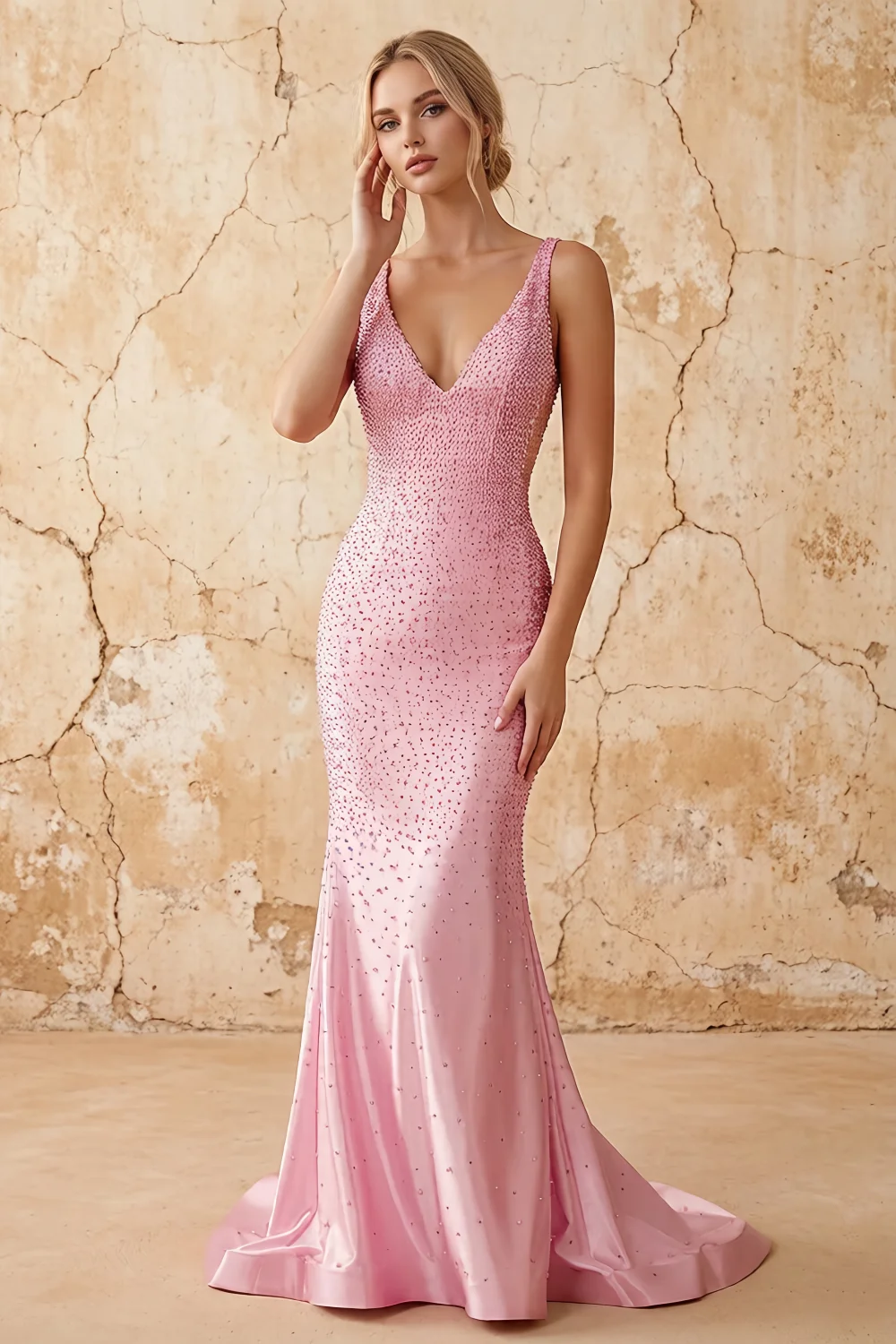 Linda Pink Satin V-neck Mermaid Hot Rhinestones Maxi Dress
