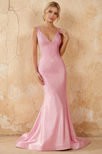 Linda Pink Satin V-neck Mermaid Hot Rhinestones Maxi Dress