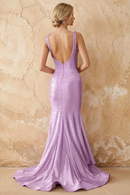 Linda Purple Satin V-neck Mermaid Hot Rhinestones Maxi Dress