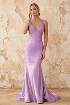 Linda Purple Satin V-neck Mermaid Hot Rhinestones Maxi Dress