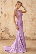Linda Purple Satin V-neck Mermaid Hot Rhinestones Maxi Dress