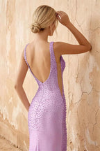 Linda Purple Satin V-neck Mermaid Hot Rhinestones Maxi Dress