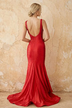 Linda Red Satin V-neck Mermaid Hot Rhinestones Maxi Dress
