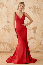 Linda Red Satin V-neck Mermaid Hot Rhinestones Maxi Dress