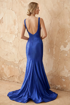 Linda Royal Blue Satin V-neck Mermaid Hot Rhinestones Maxi Dress