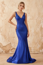 Linda Royal Blue Satin V-neck Mermaid Hot Rhinestones Maxi Dress