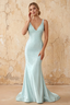 Linda Sea Glass Satin V-neck Mermaid Hot Rhinestones Maxi Dress