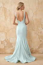 Linda Sea Glass Satin V-neck Mermaid Hot Rhinestones Maxi Dress