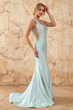 Linda Sea Glass Satin V-neck Mermaid Hot Rhinestones Maxi Dress